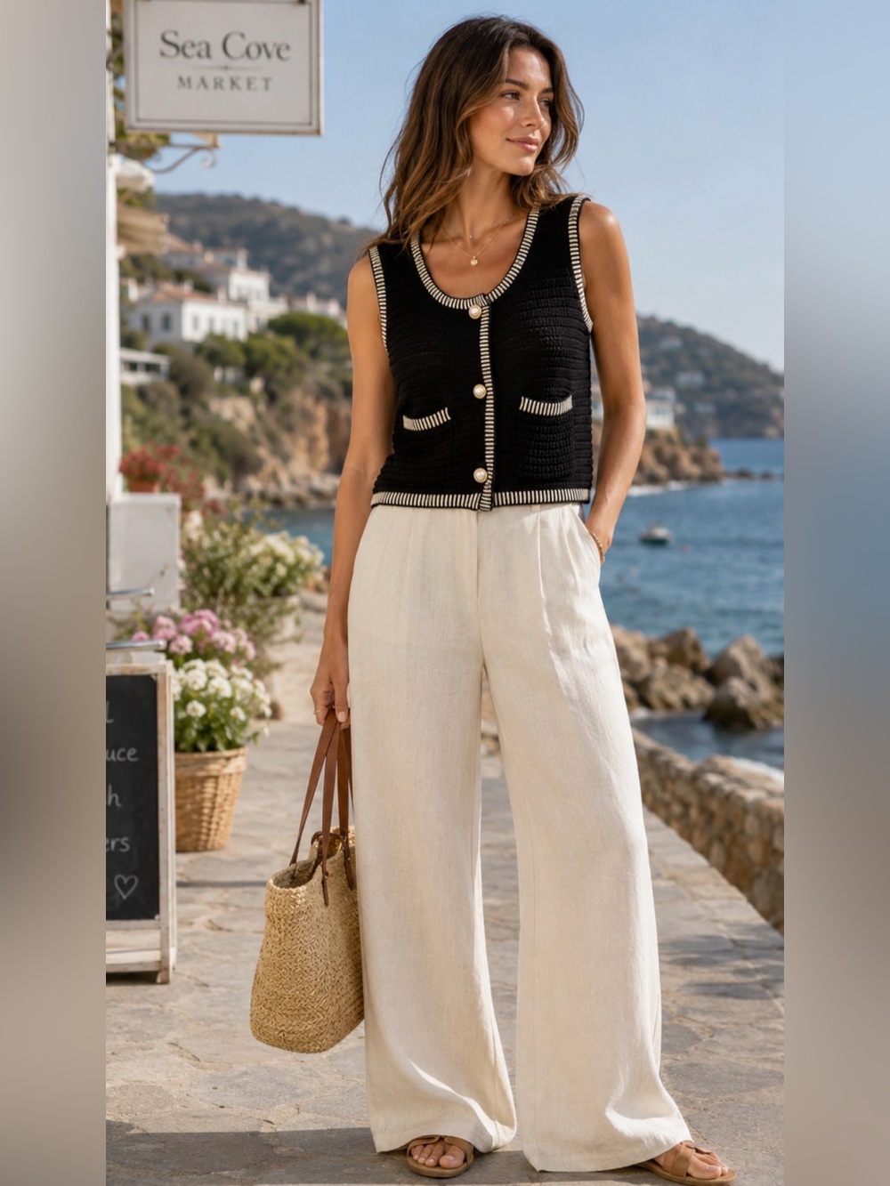 So Me 🖤 Black & Cream Knit Sweater Vest Gold Button Pocket Detail Medium
